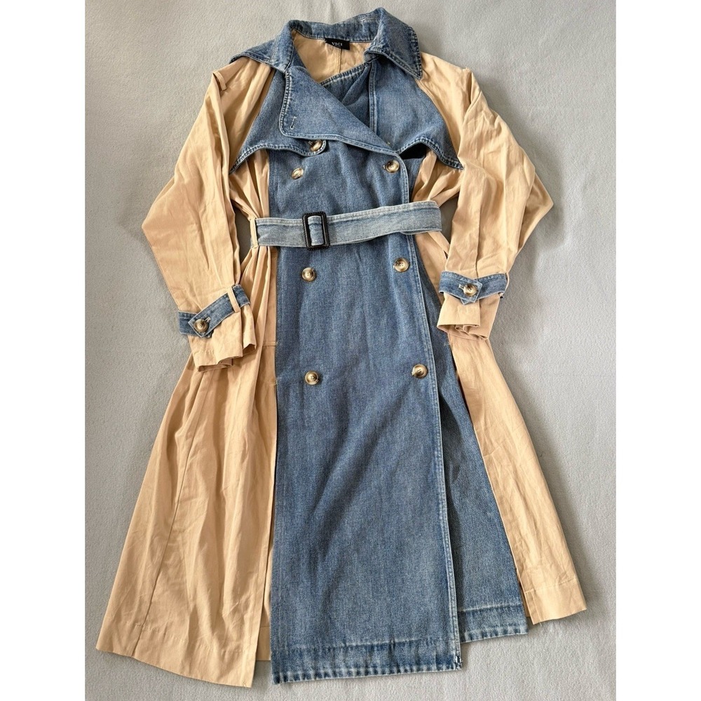 VICI Fallen Oak Denim Contrast Trench Coat Belted Duster Longline Small